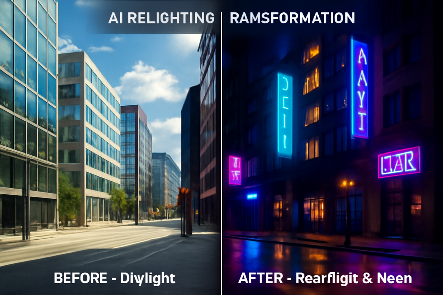 Before and after example of AI image relighting transformation